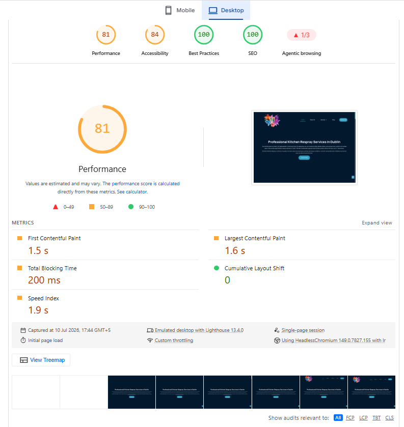 PageSpeed Insights desktop report before technical SEO optimisation.