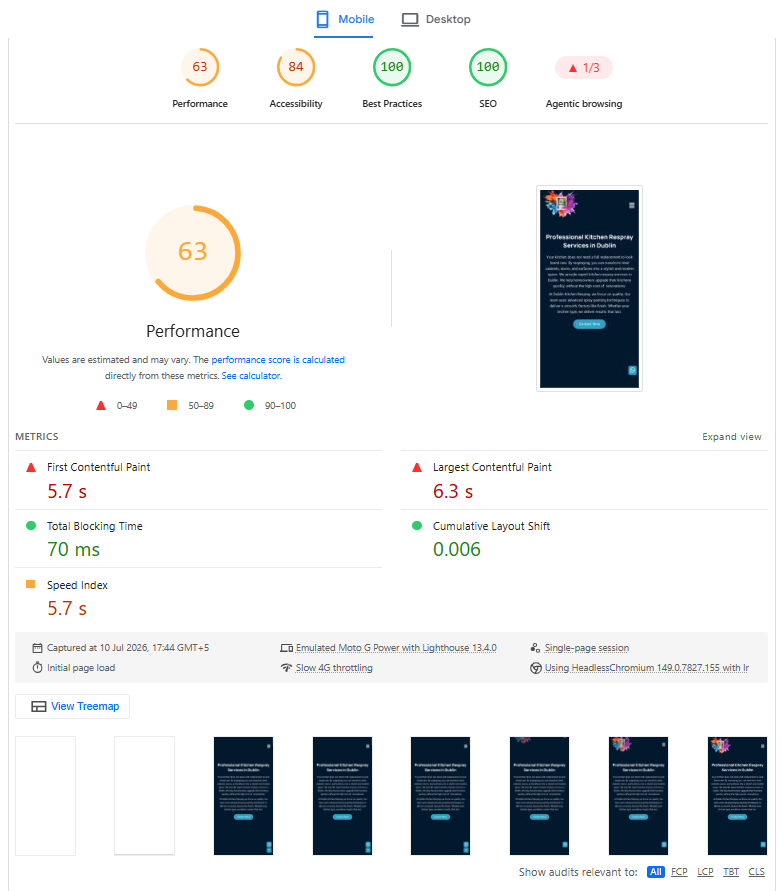 PageSpeed Insights mobile report before technical SEO optimisation.
