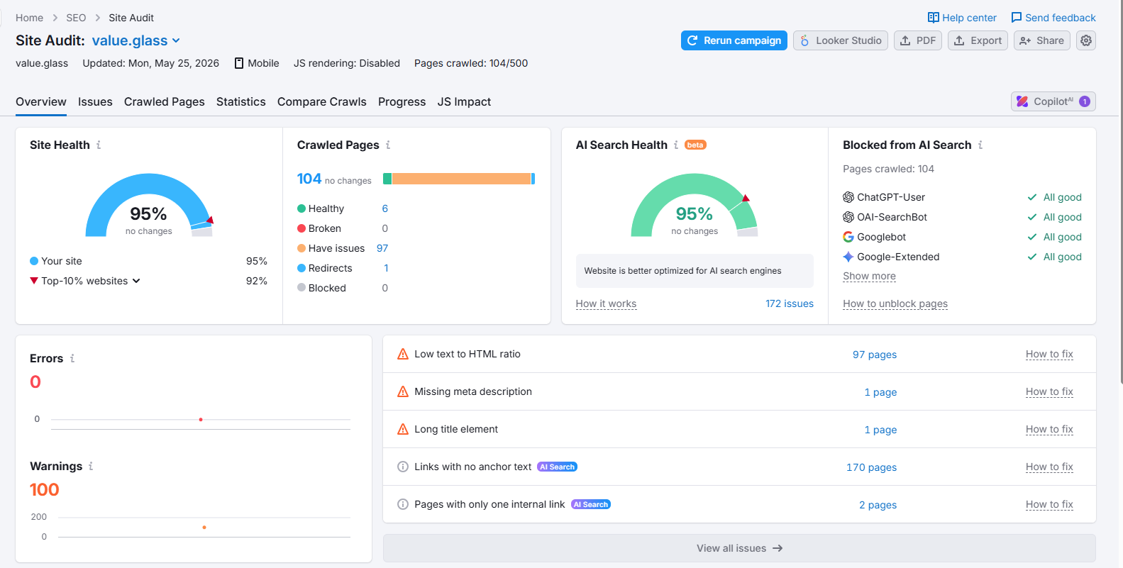 Value Glass 1 Mobile SEO site audit dashboard for value.glass showing ninety-five percent site health.