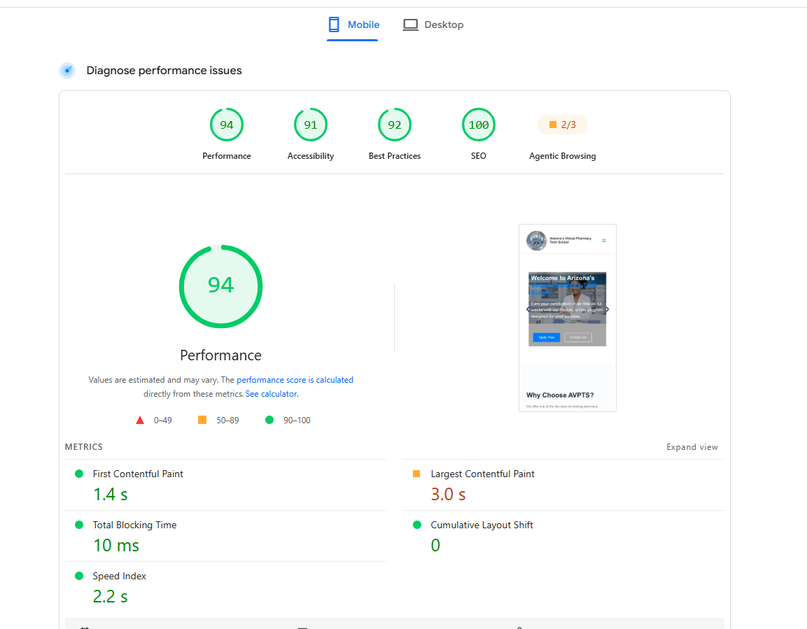 Google PageSpeed Insights report for avpts.com after optimization, showing mobile score of 94 and desktop score of 99.