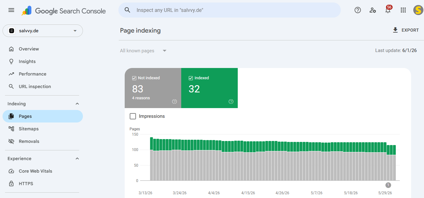 Salvvy 1 Google Search Console Page Indexing report for salvvy.de before technical SEO fixes, showing only 32 URLs indexed.