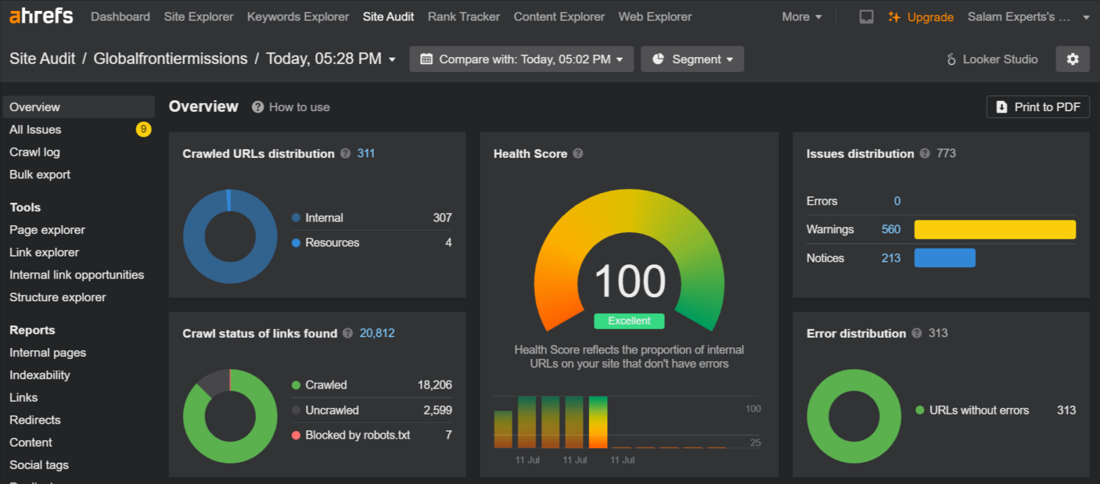 Global Frontier Missions 2 Ahrefs/SEMrush audit report for Global Frontier Missions after fixing.