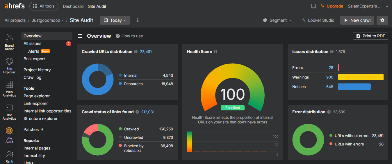 JUSTGOODMOOD 2 Ahrefs Site Audit dashboard for justgoodmood.com after fixing, showing improved site health.