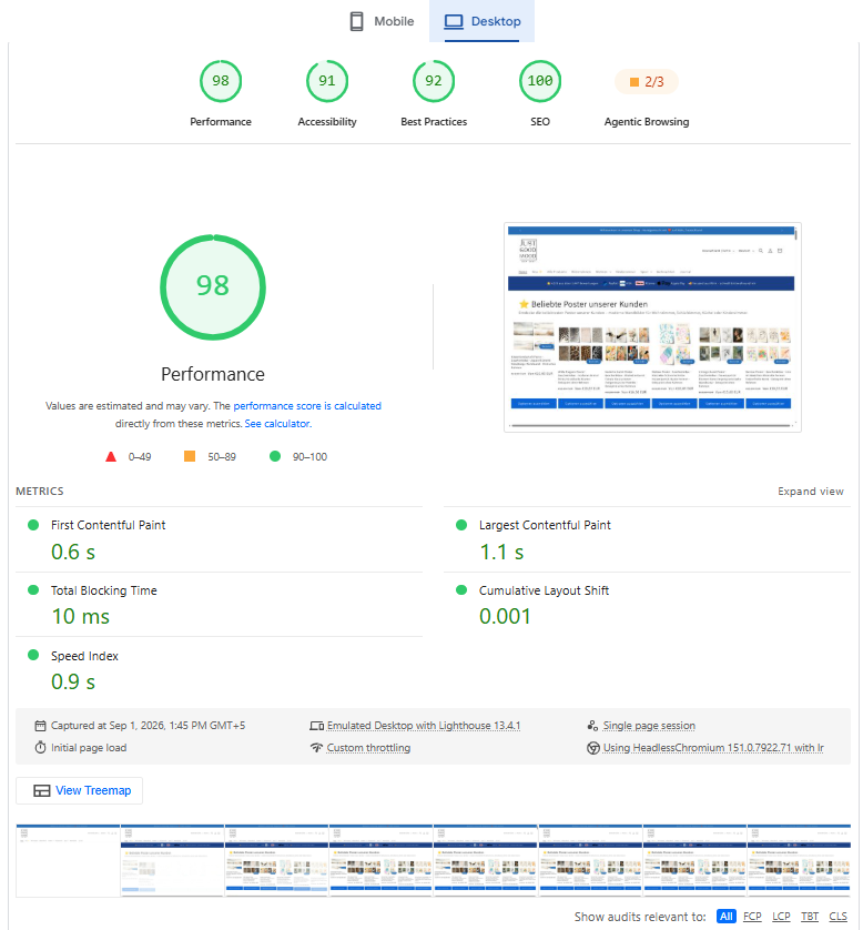 JUSTGOODMOOD 6 PageSpeed Insights score for justgoodmood.com desktop after optimization, showing improved performance.
