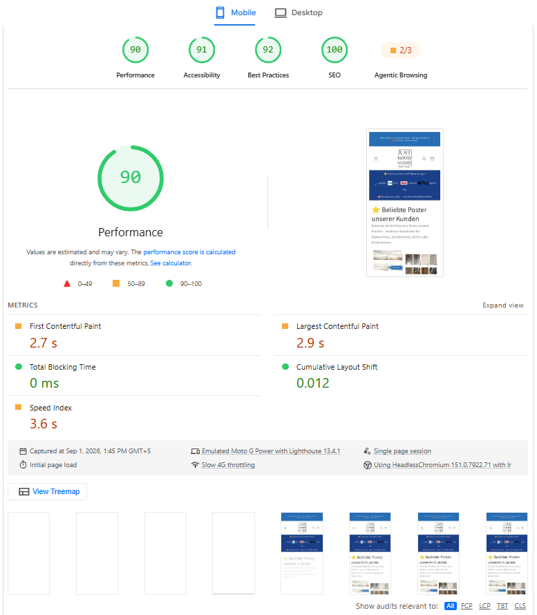 JUSTGOODMOOD 4 PageSpeed Insights score for justgoodmood.com mobile after optimization, showing improved performance.